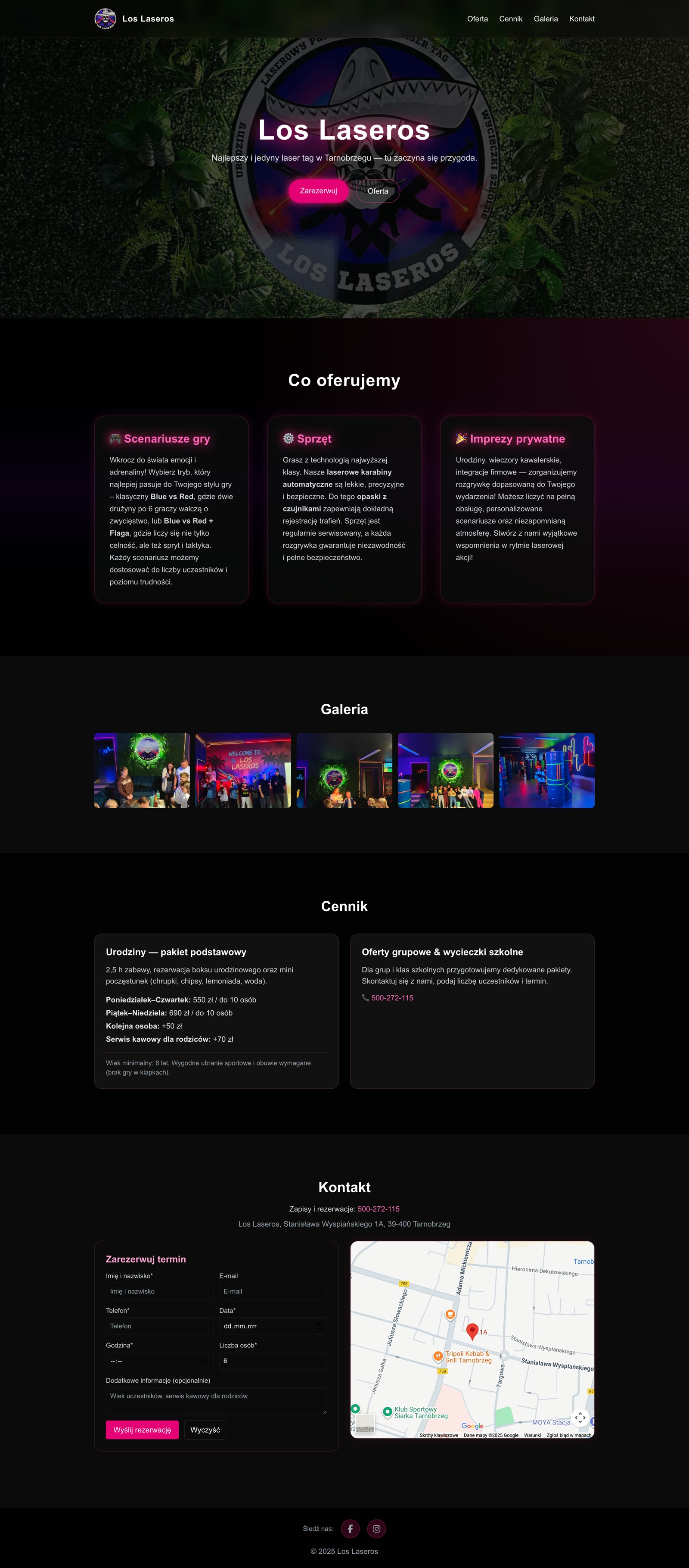 Los Laseros website with offer, gallery, pricing and reservation sections